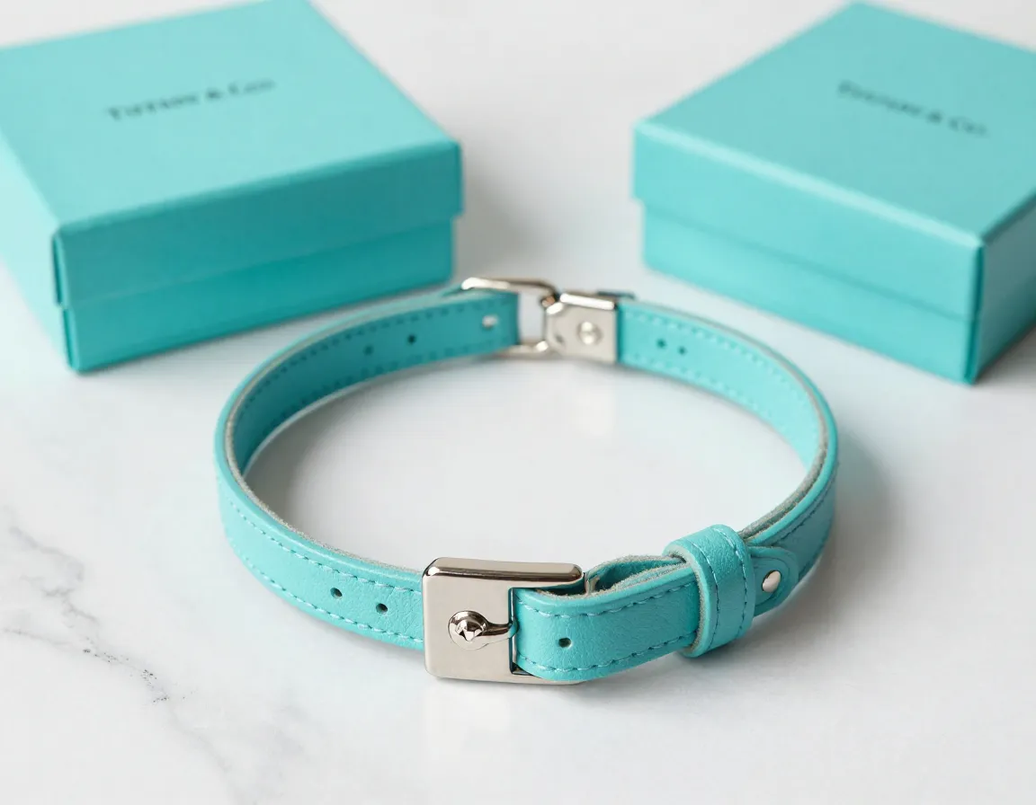 Tiffany blue italian leather dog collar with palladium hardware