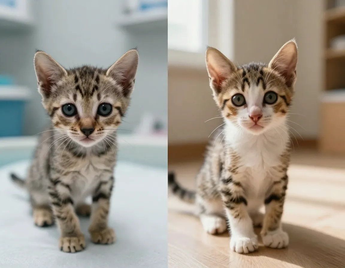 Before and after rescue kitten transformation side by side