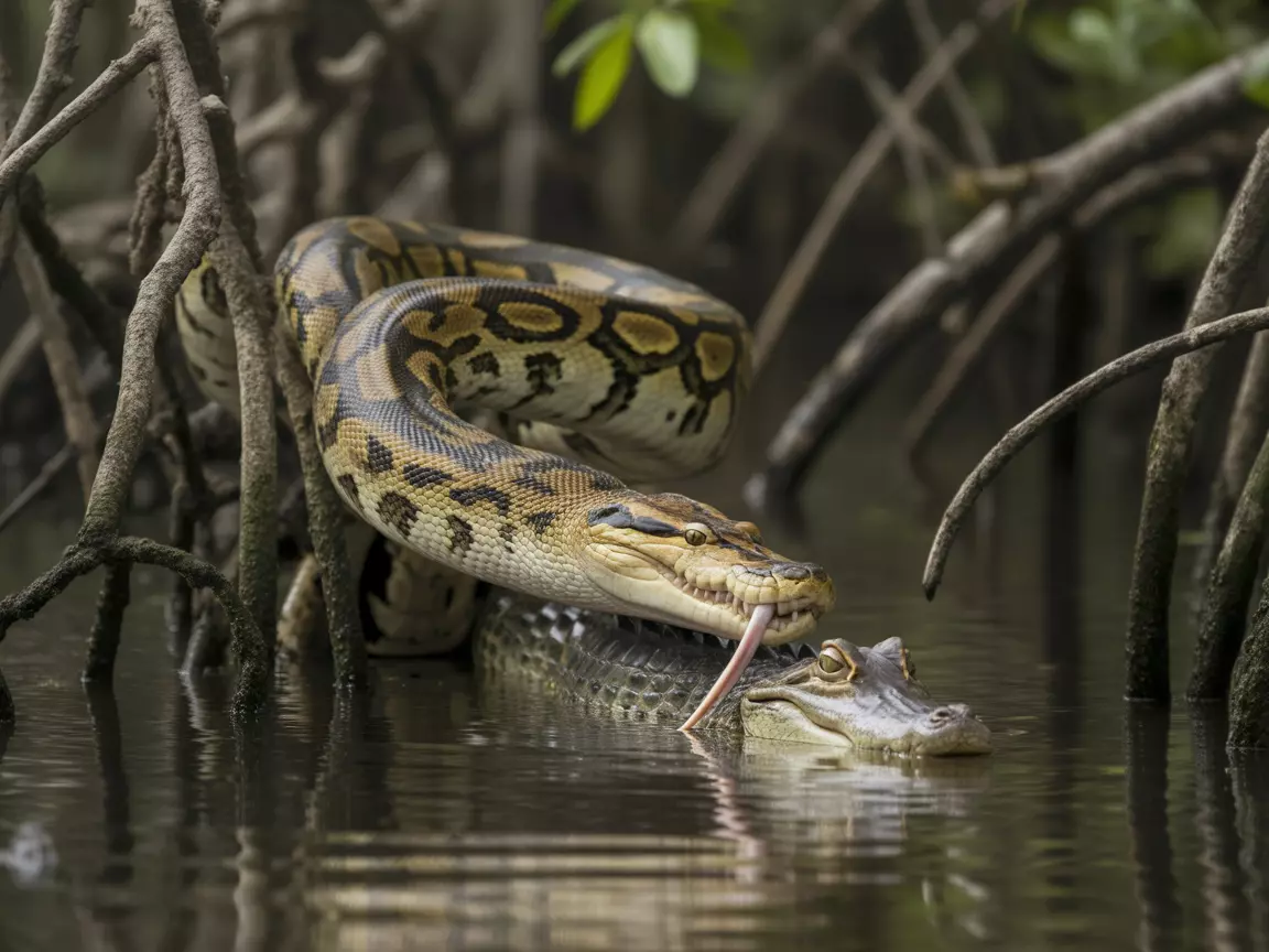 Burmese python capturing juvenile american alligator in swamp