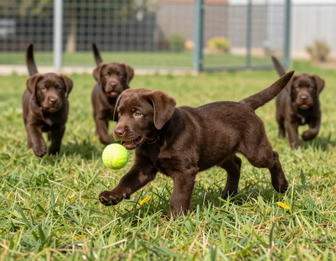Chocolate labrador puppy playing fetch with ball in grassy backyard park