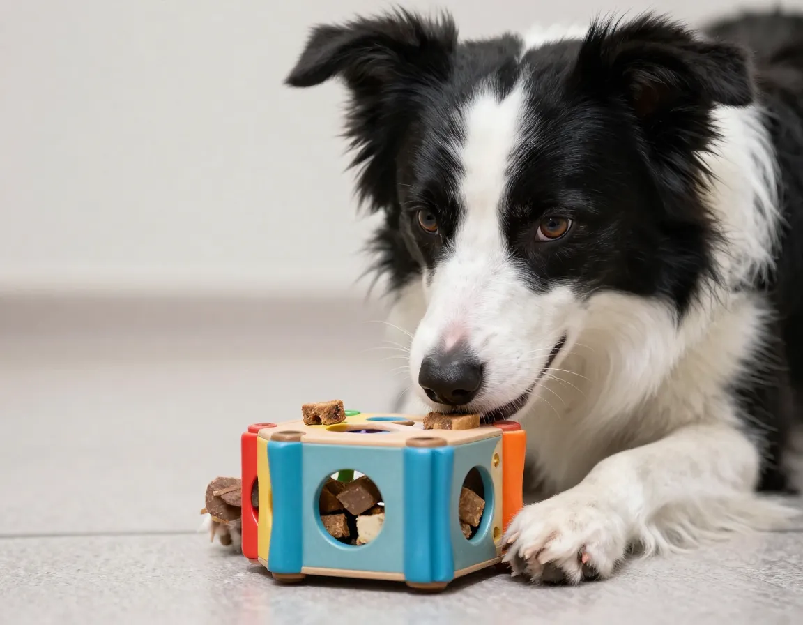 Dog interacting with puzzle toy enrichment activity