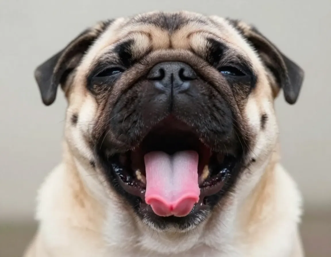 Fawn pug mid yawn revealing large bright pink tongue