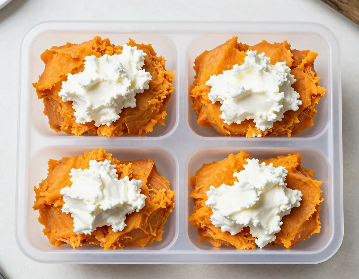 Mashed sweet potato and cottage cheese in ice cube tray squares