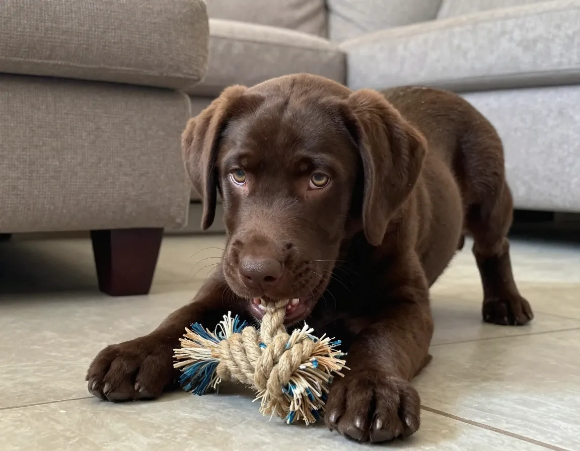 Adolescent chocolate labrador ignoring command chewing on rope toy sofa