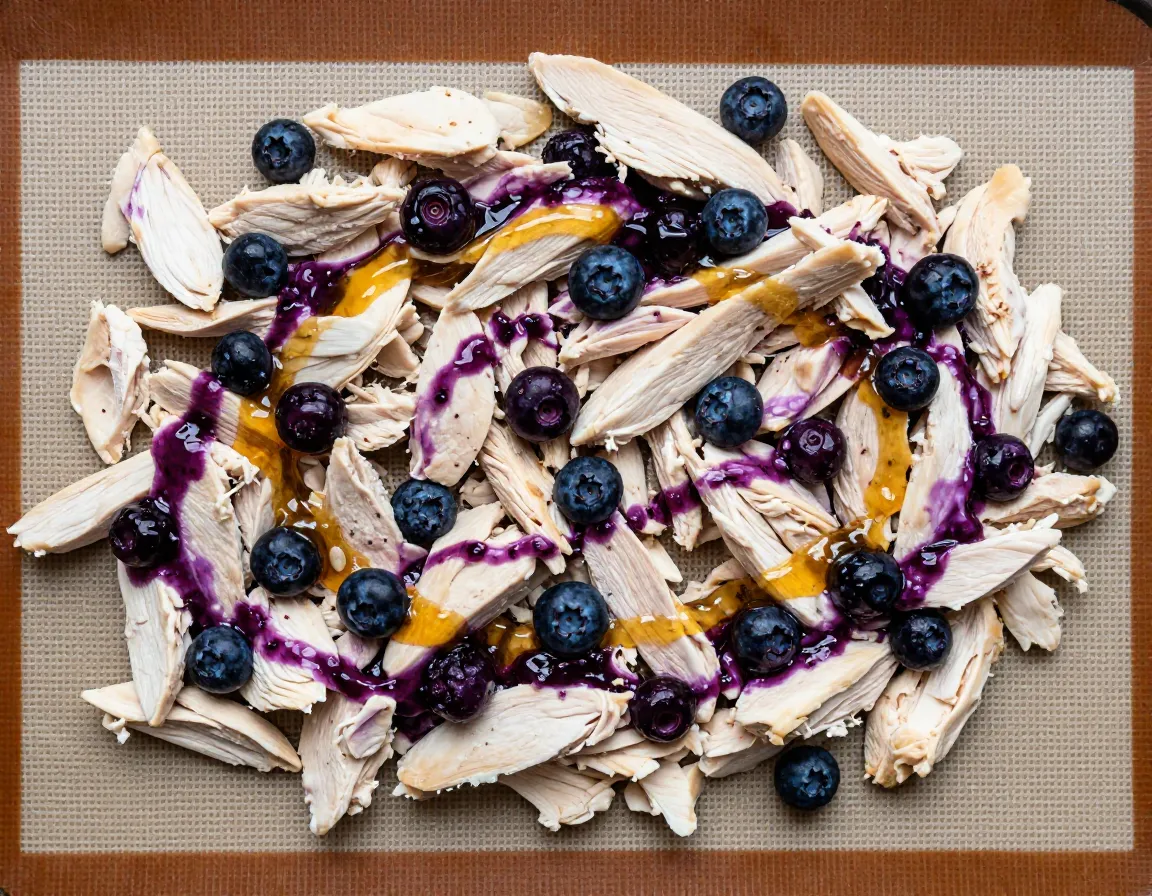 Blueberry chicken medley spread on a textured silicone mat