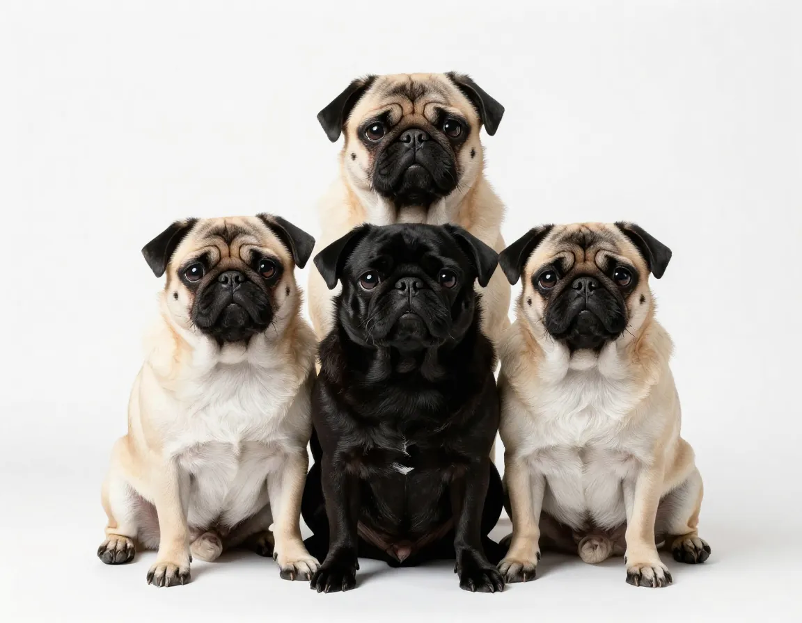 Fawn and black pug duo sitting side by side synchronized