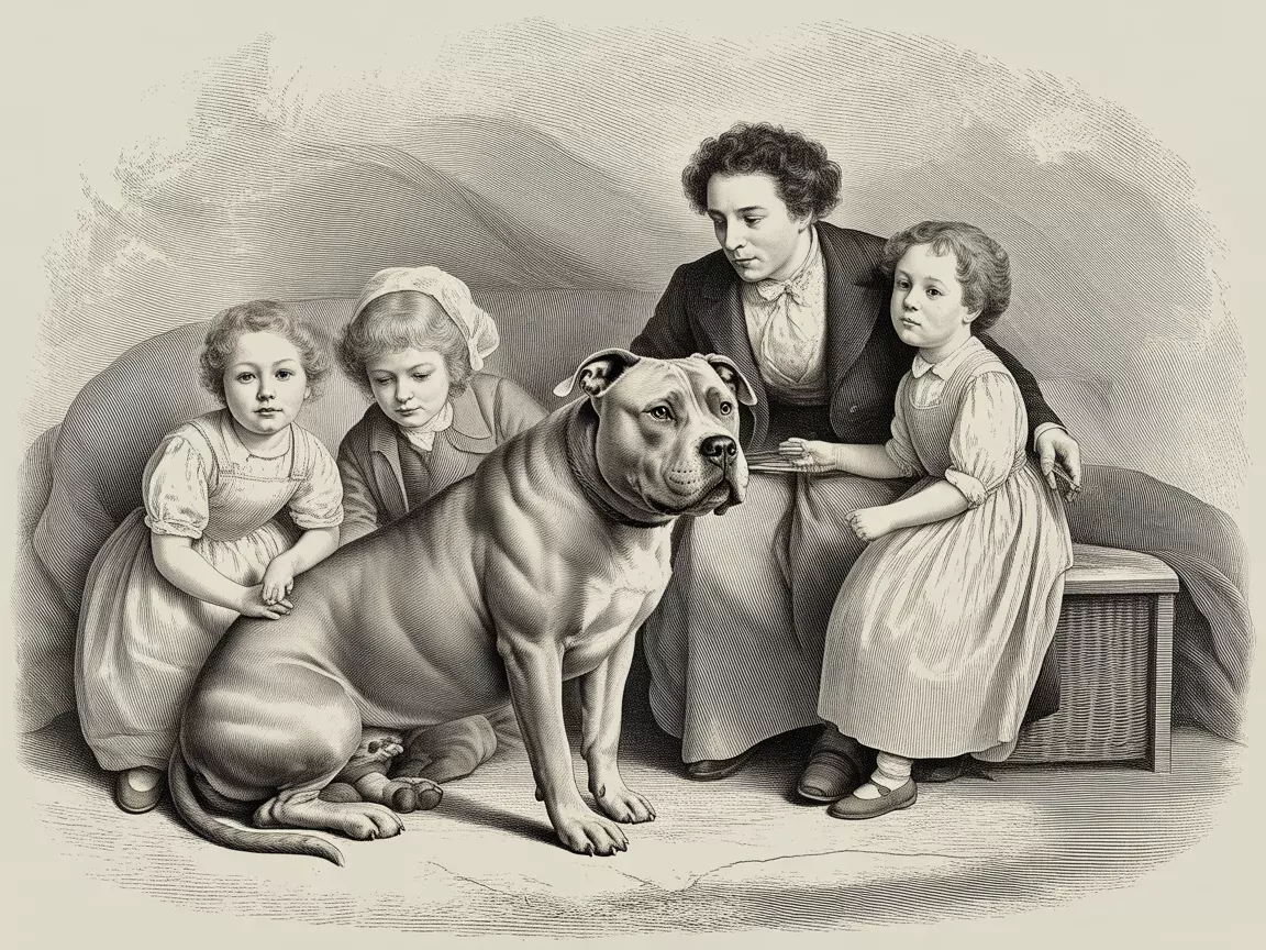Historical engraving of pit bull type dog in 19th century family setting