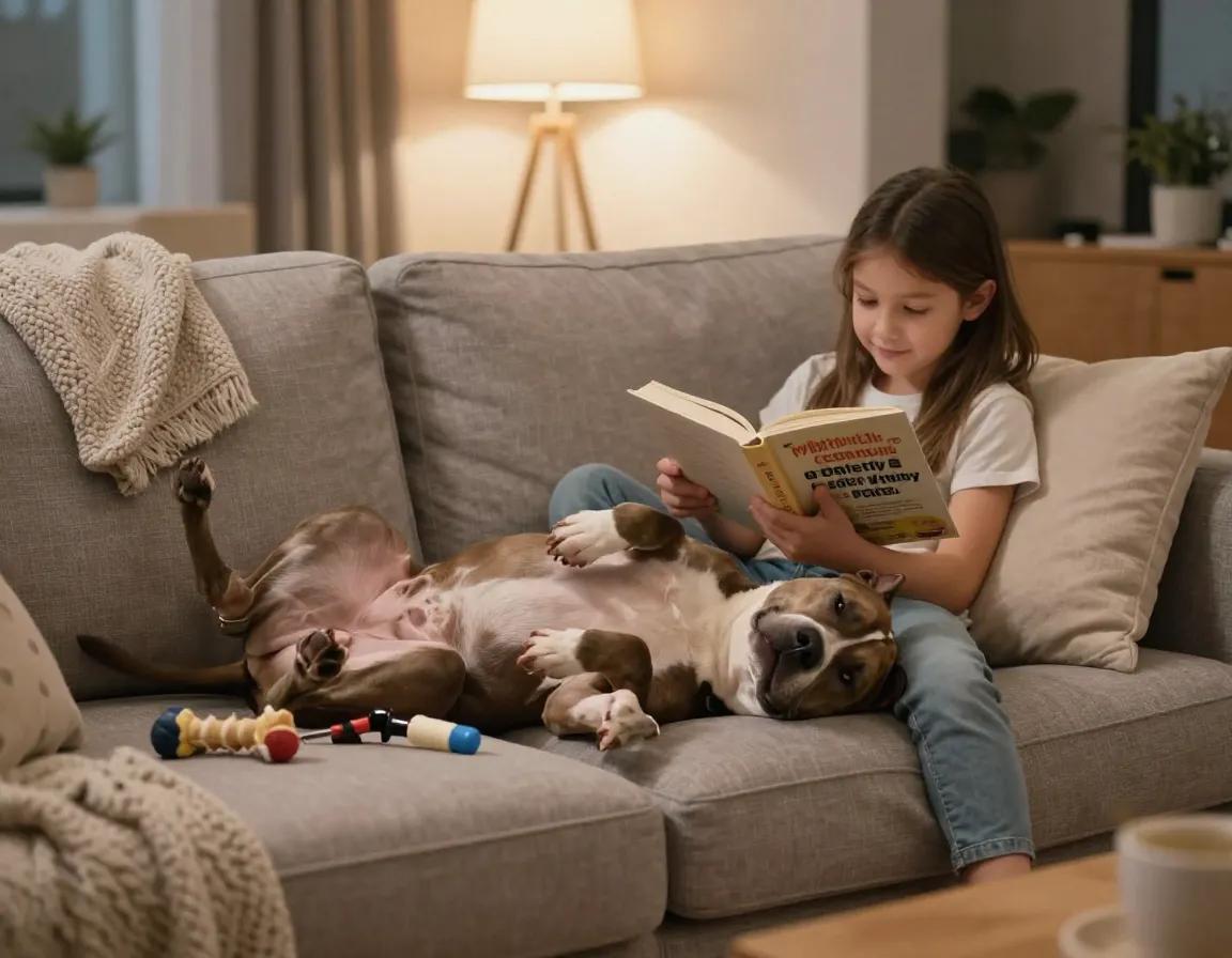 Child reading a book while lying with family pit bull on sofa