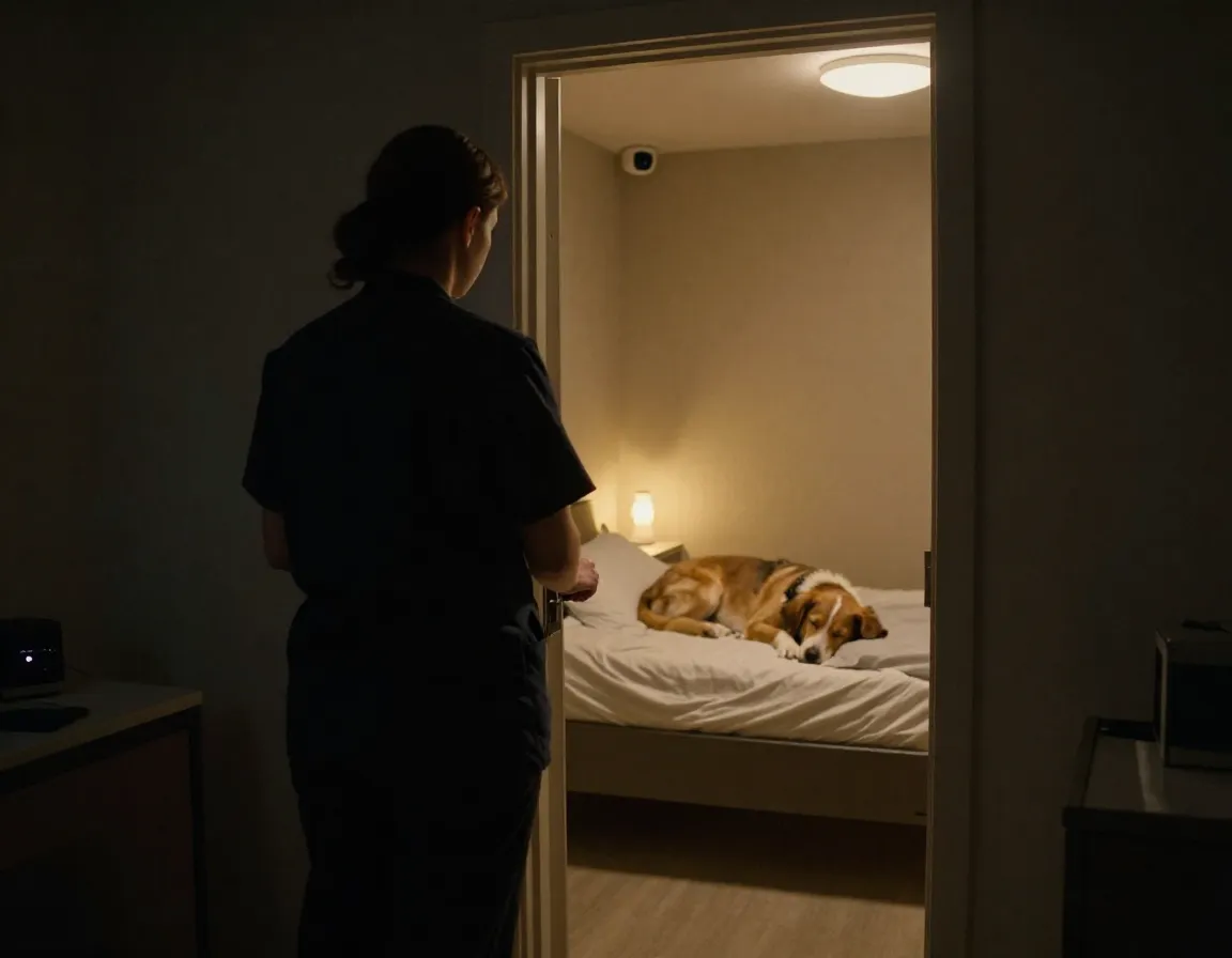 Overnight staff member checking on sleeping dog suite