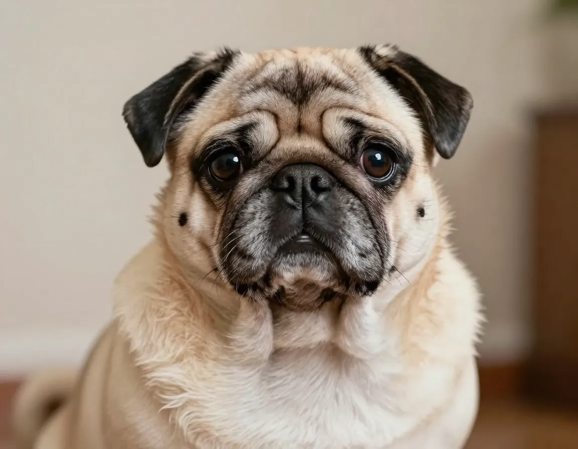 Senior gray muzzled pug with deep wise expression wrinkles