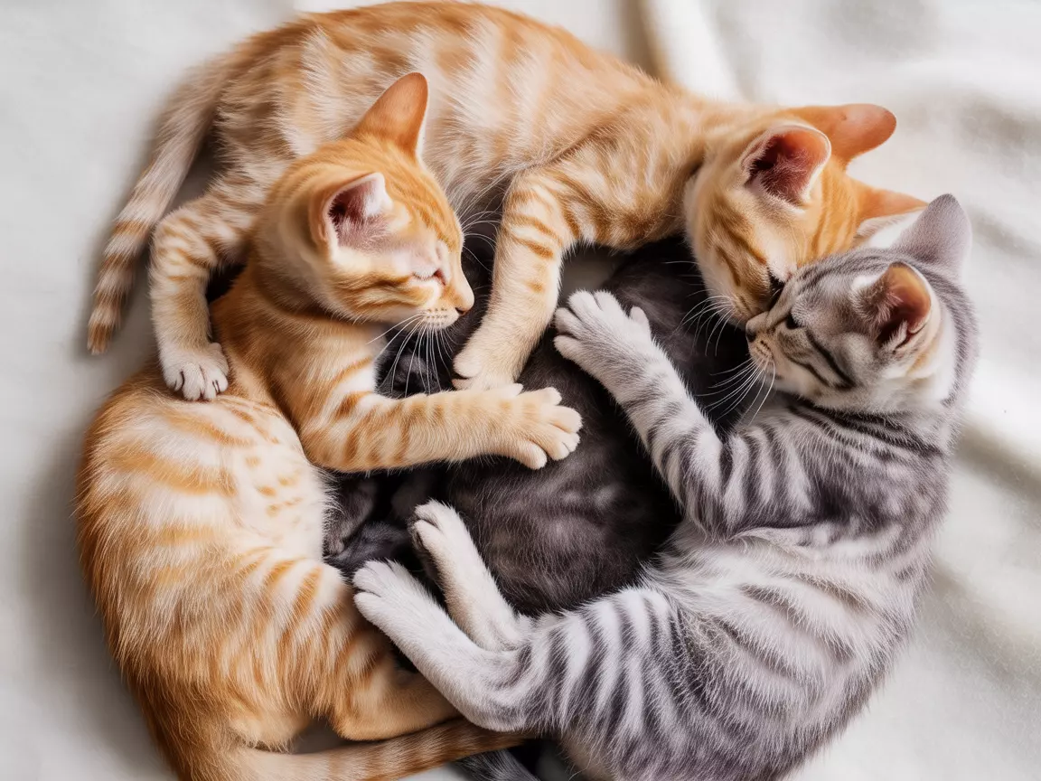 Sibling kittens cuddling together in an affectionate pile