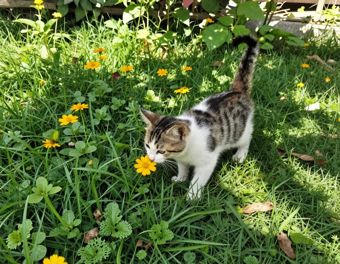 Kitten exploring a sunlit garden among flowers and leaves