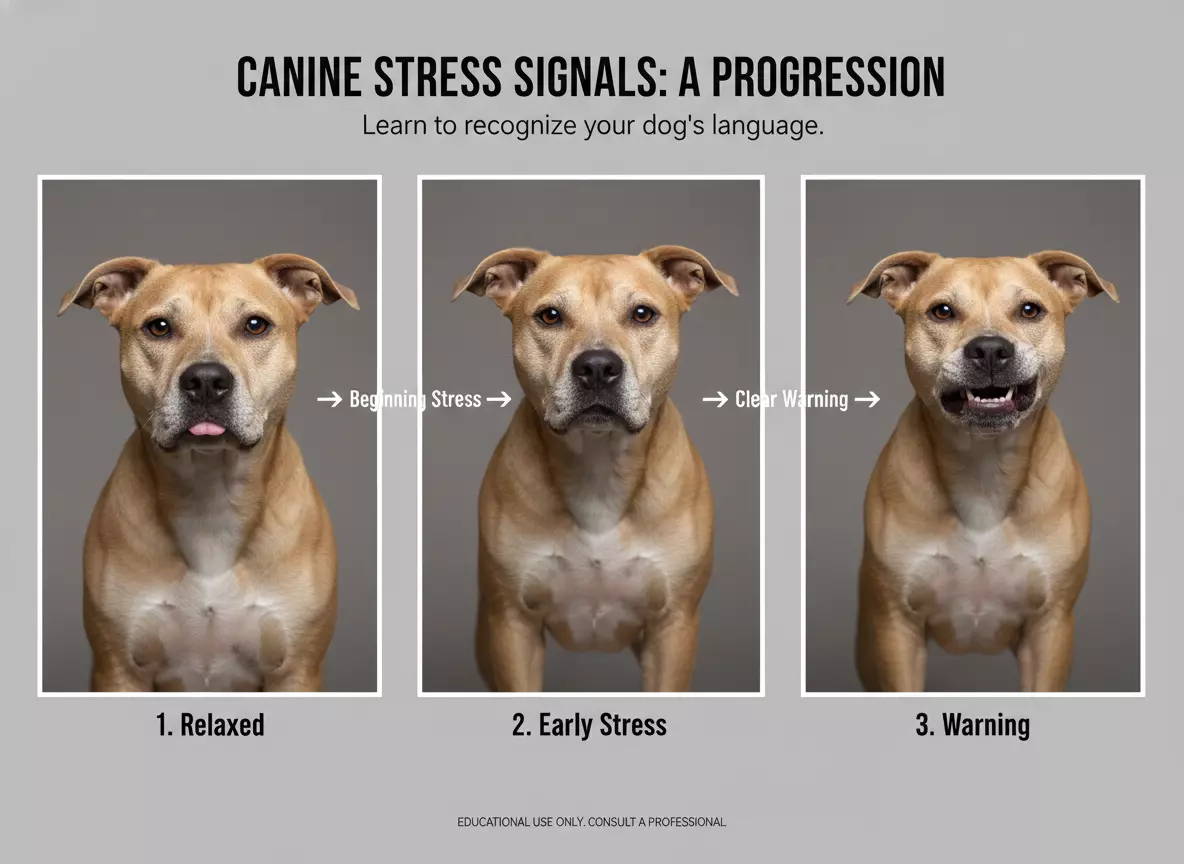 Sequence of stressed pit bull displaying clear warning body language signals