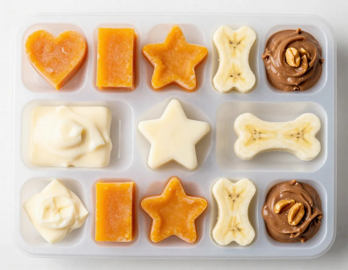 Various frozen treat cubes in a multi shape ice cube tray