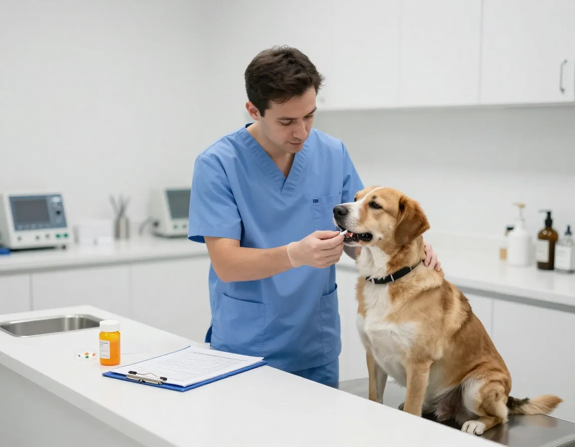 Veterinary technician administering medication to dog
