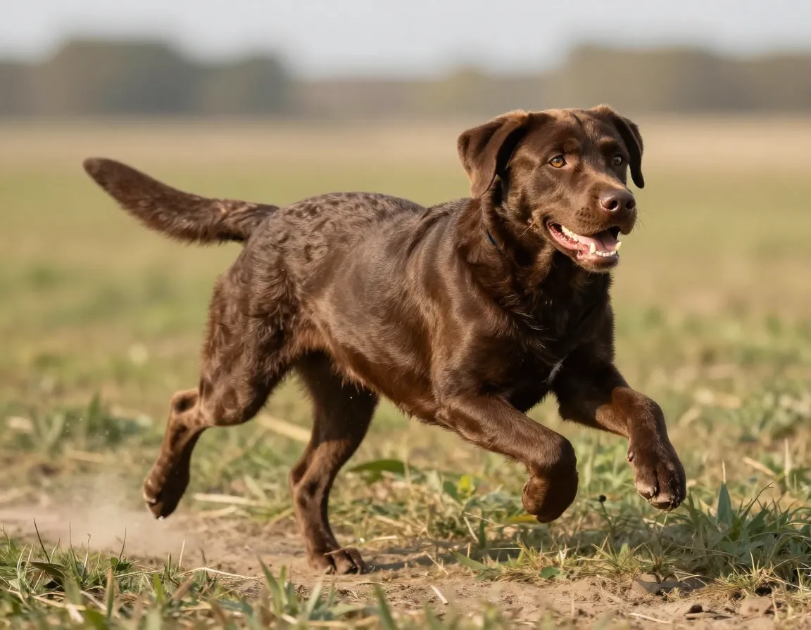 Young adult chocolate labrador running through field with adult coat