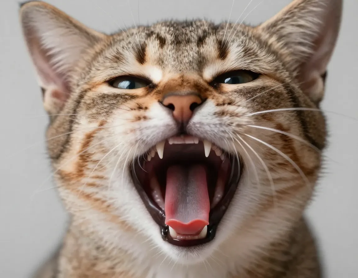 Extreme close up portrait of a yawning kitten with detailed whiskers