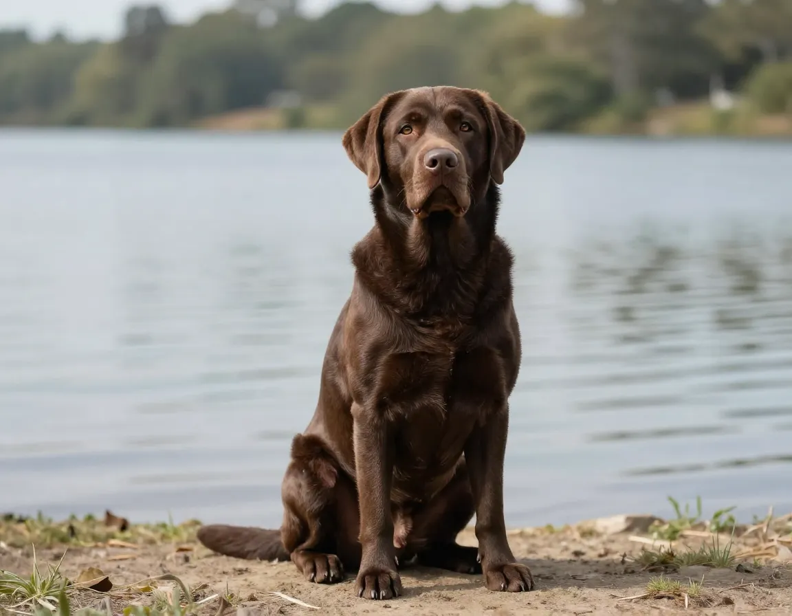 Mature chocolate brown labrador sitting proudly at full height lakeside