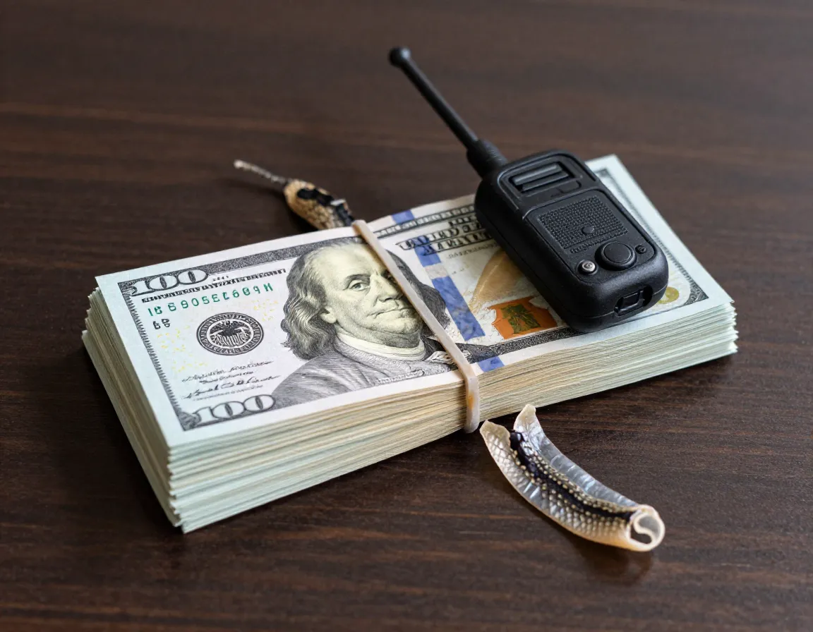 Money pile with radio collar and python shed skin