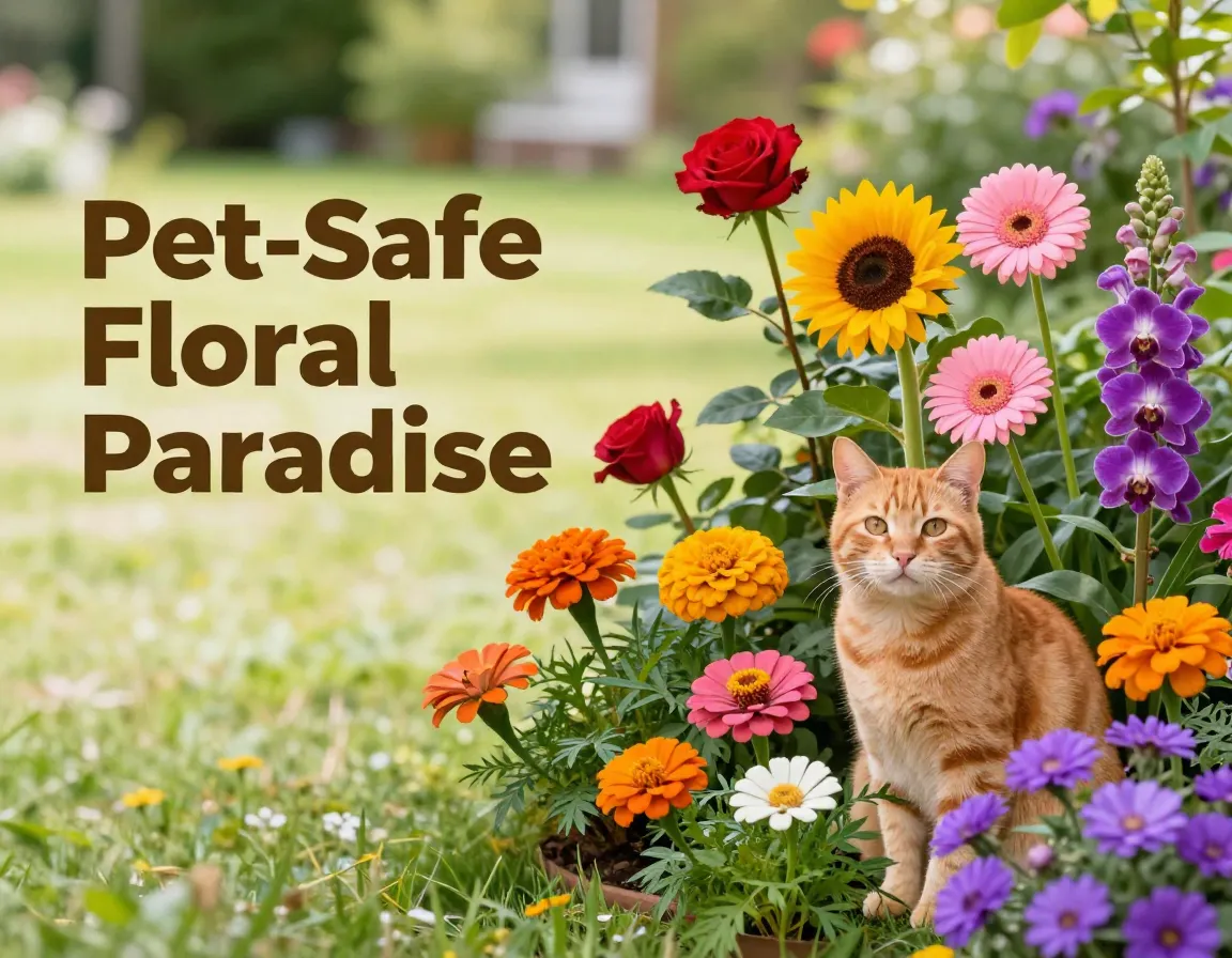 A ginger cat among nontoxic roses sunflowers daisies orchids