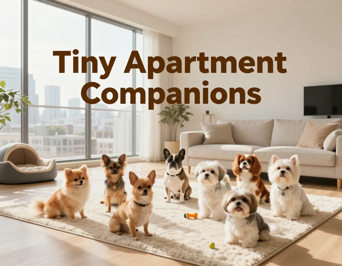 Eight small dog breeds on apartment rug with city view