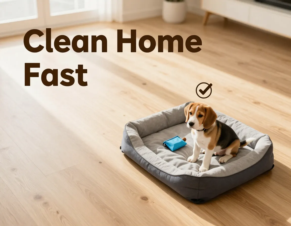 Happy beagle puppy sitting beside training treat pouch minimalist birds eye view