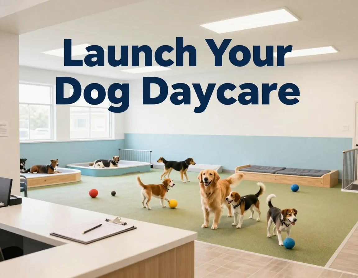 Modern organized dog daycare playroom interior with happy dogs and safety zones