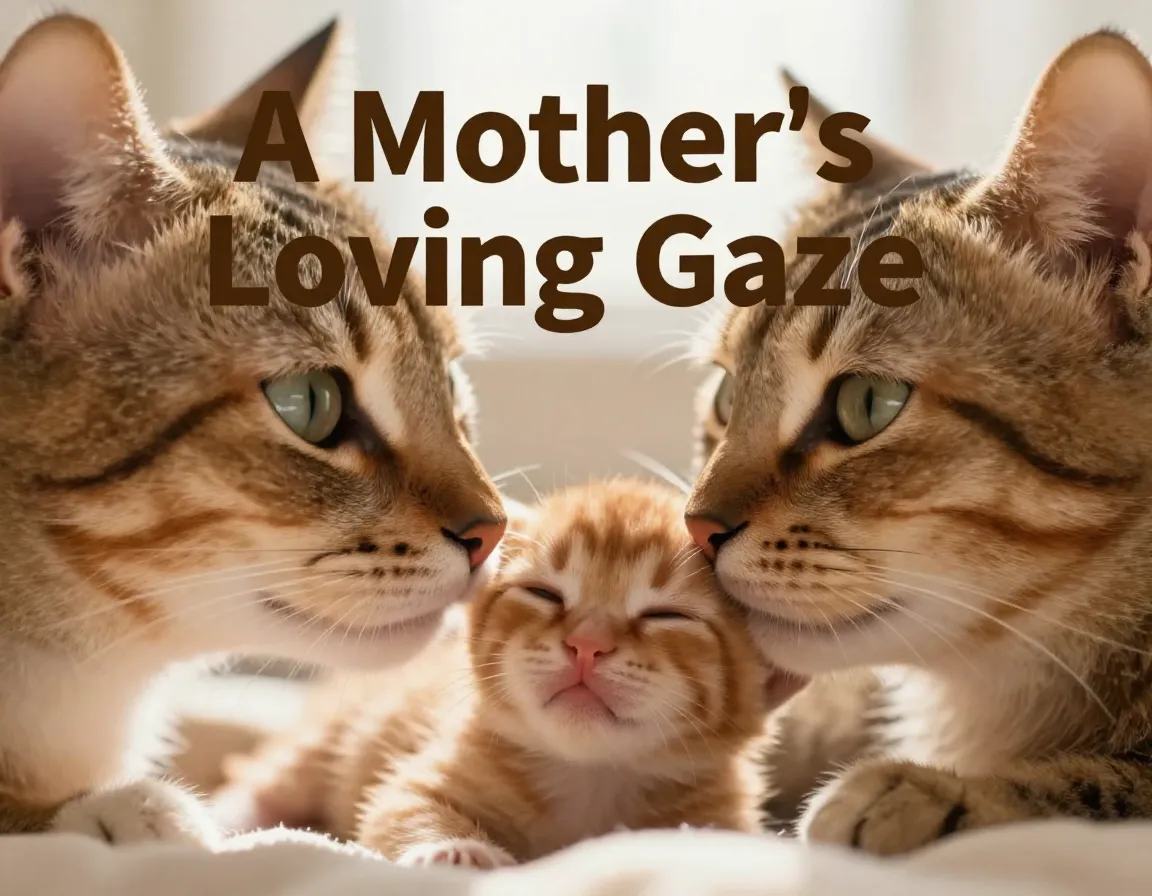 Tabby mother cat nuzzling newborn ginger kitten intimate bonding