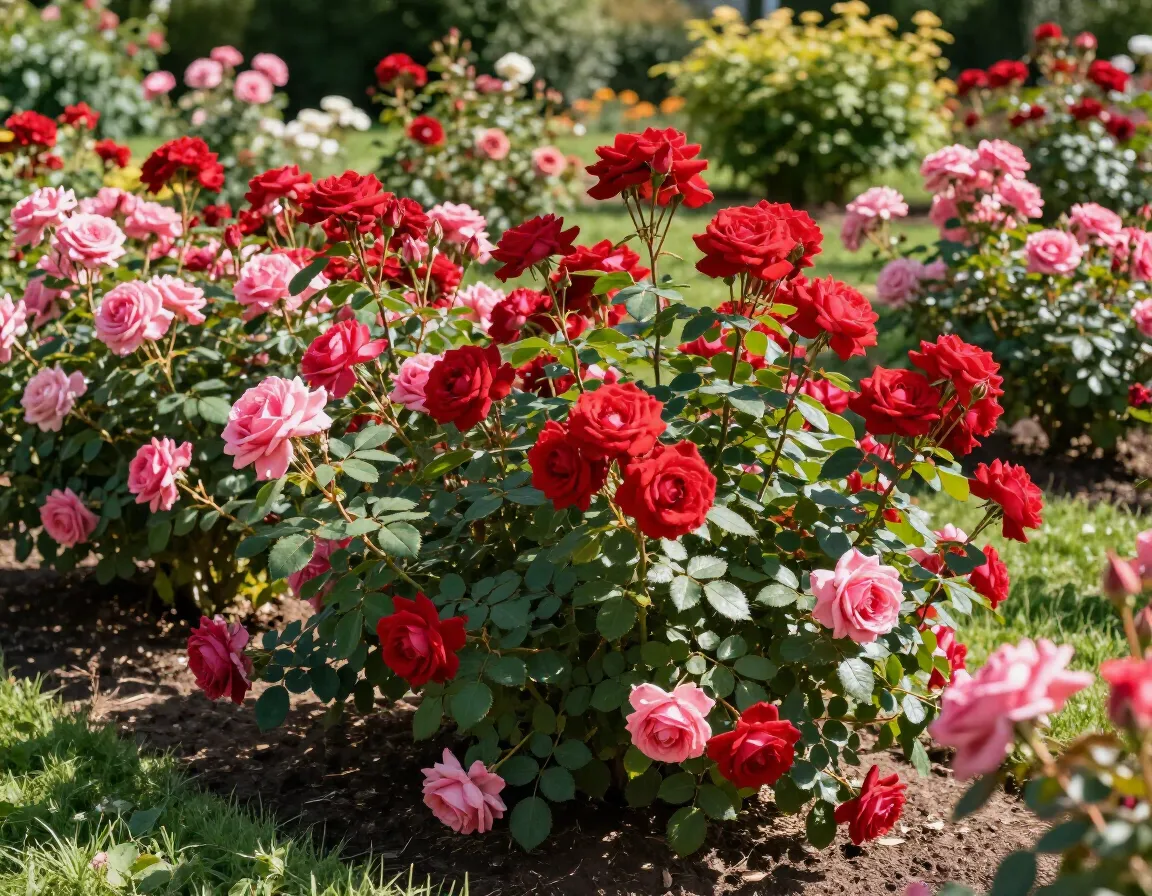 Beautiful classic rose garden with thornless knockout roses safe for cats