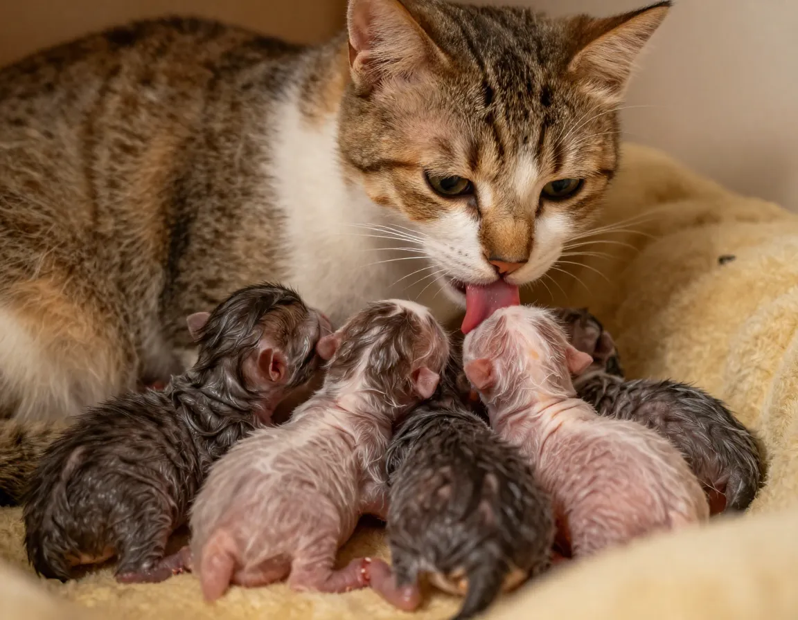Mother cat cleaning newborn kittens nestled on soft bedding