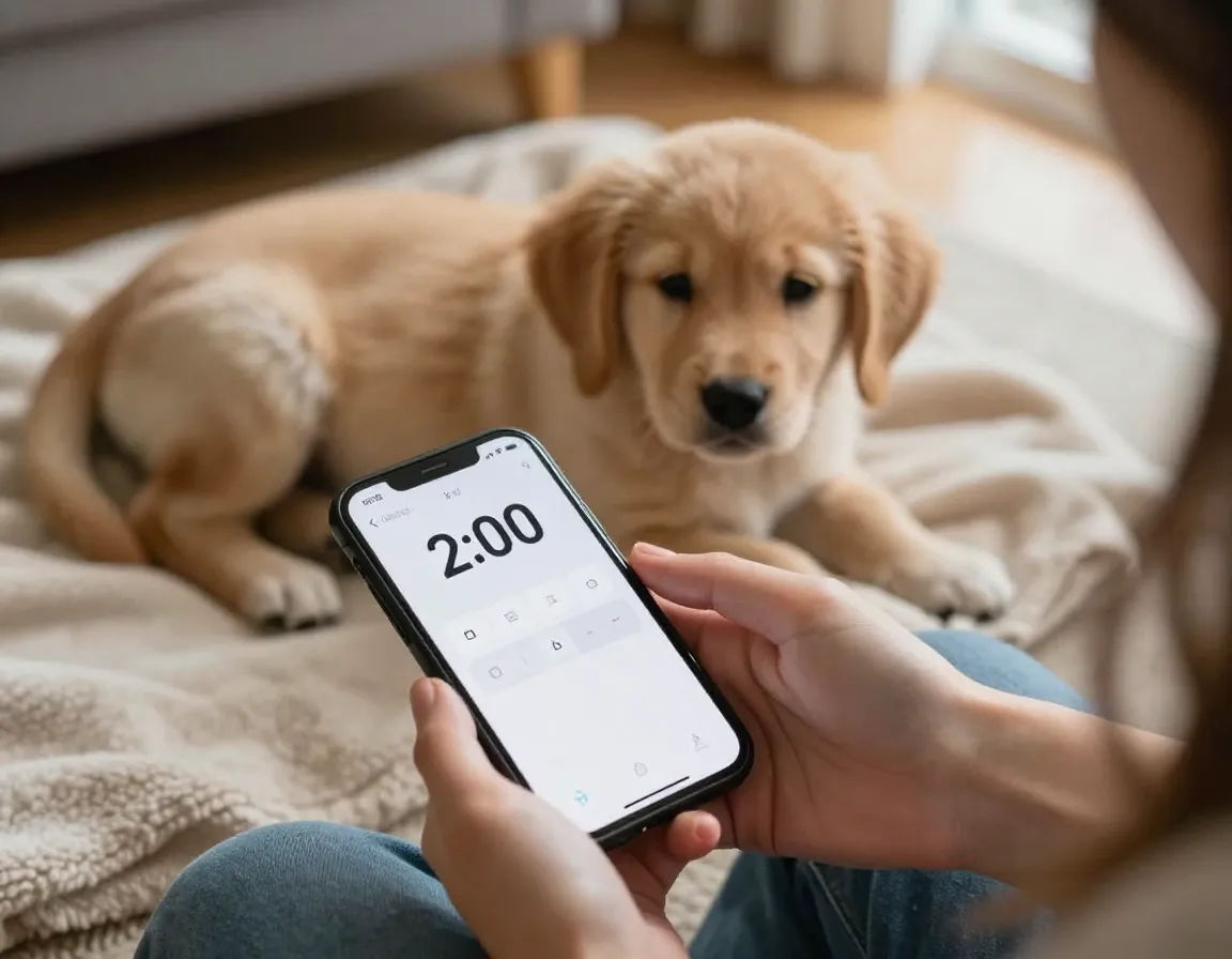 Puppy on schedule with young woman setting two hour timer alarm on phone indoors