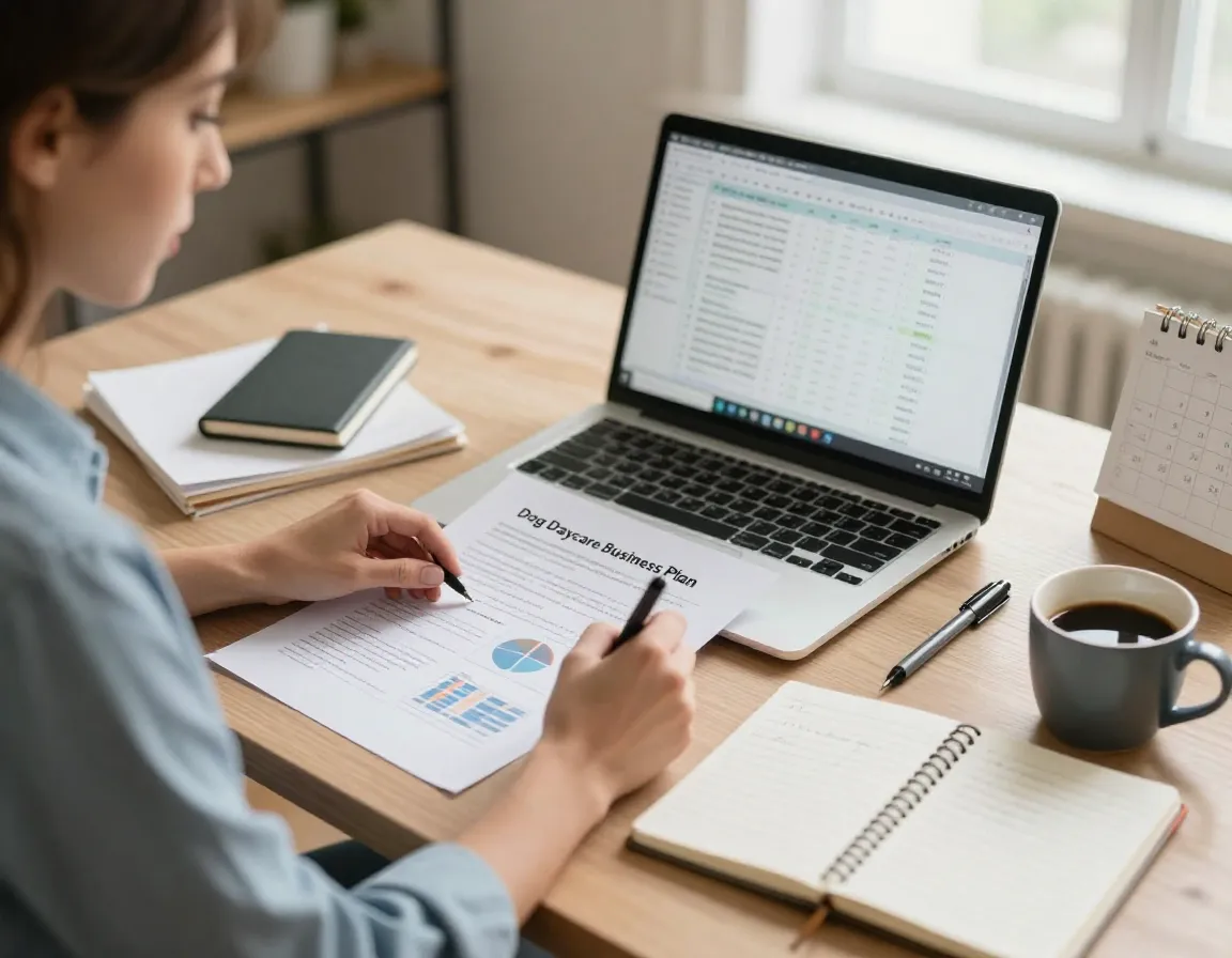 Woman creates detailed dog daycare business plan at home desk