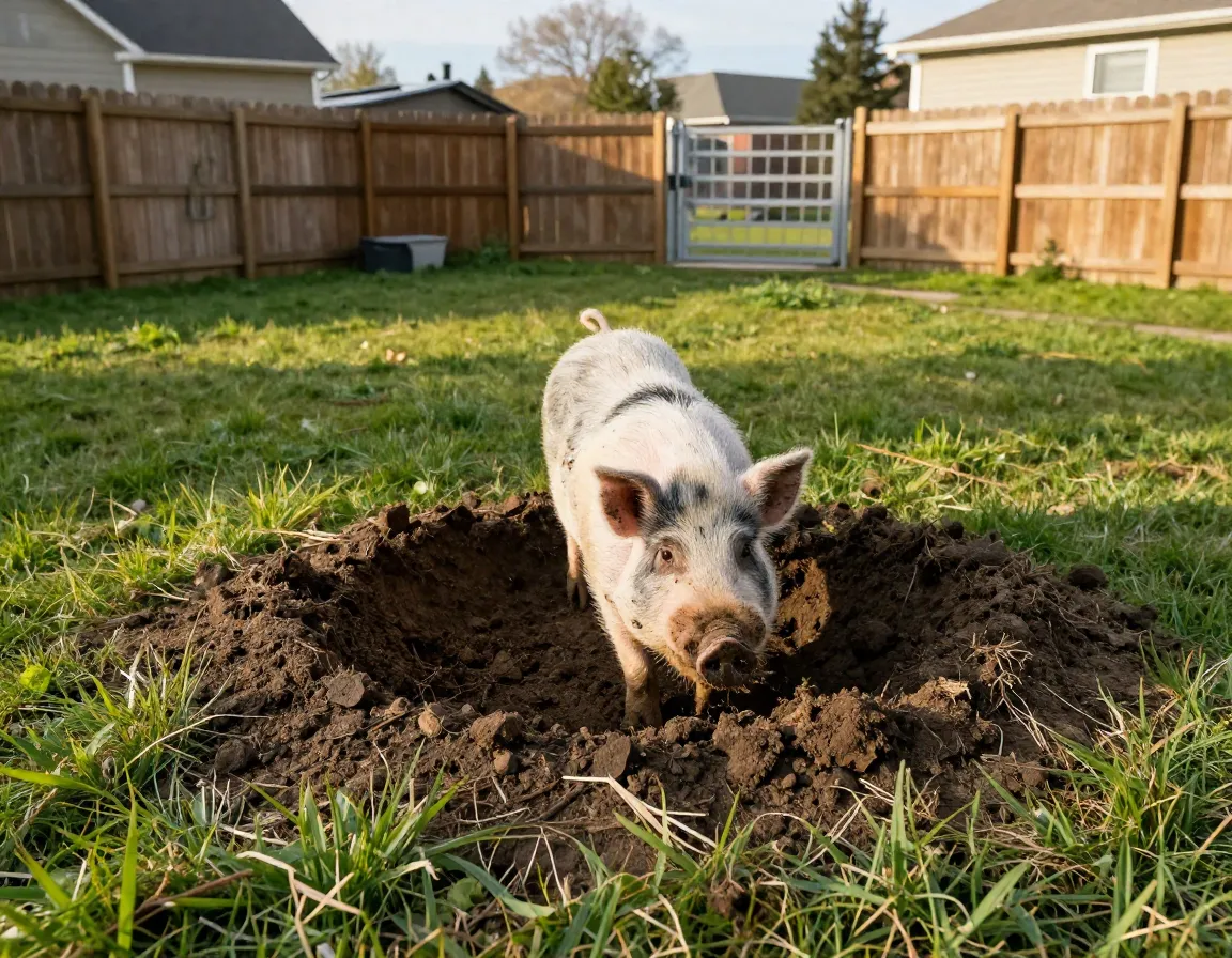 Pig rooting in a large fenced backyard