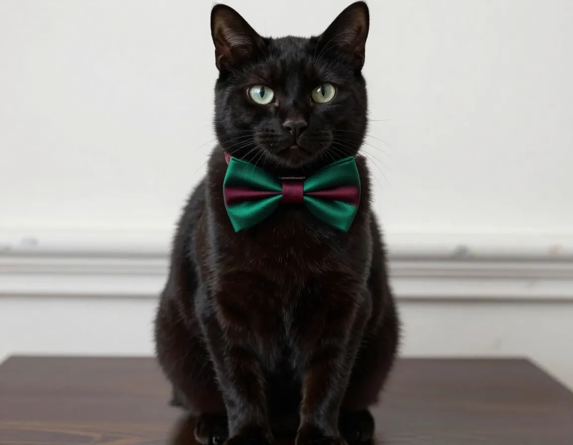 Elegant black cat wearing adjustable bow tie collar