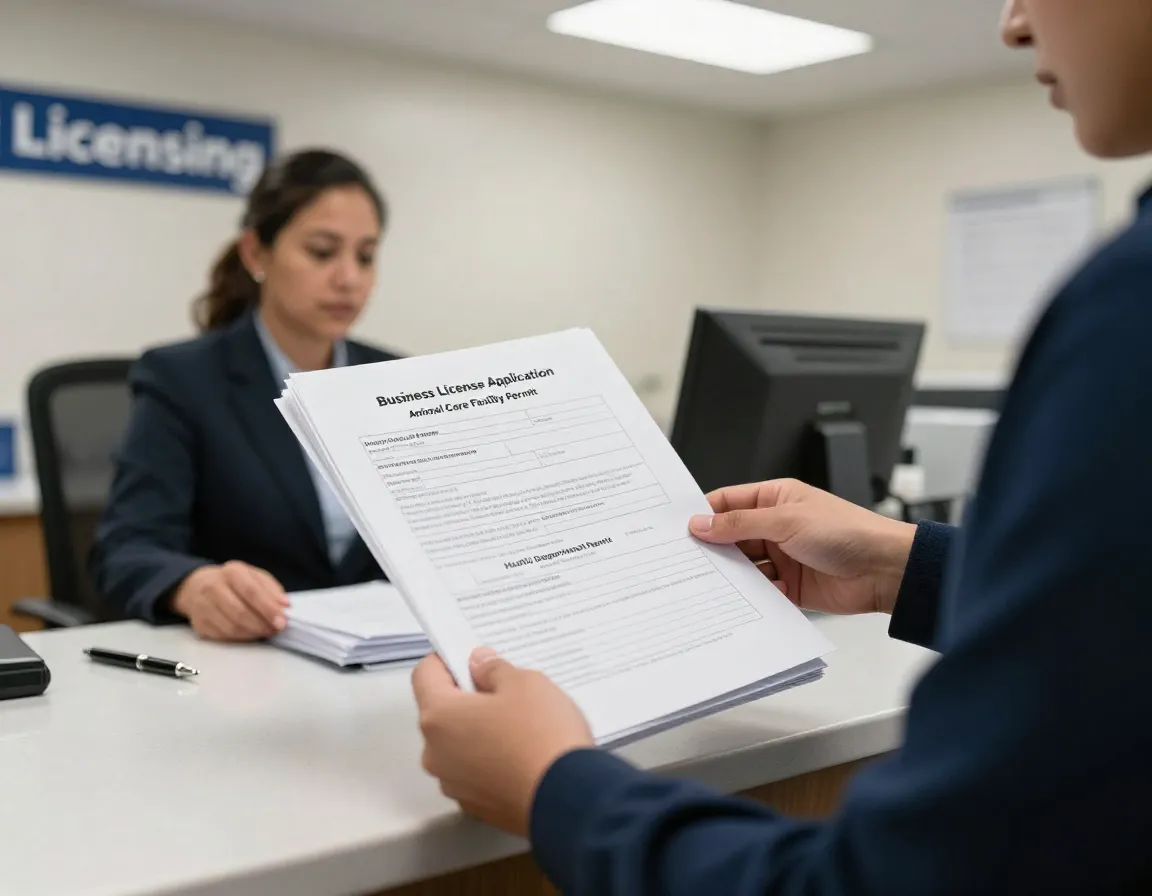 Entrepreneur files paperwork for business licenses and permits