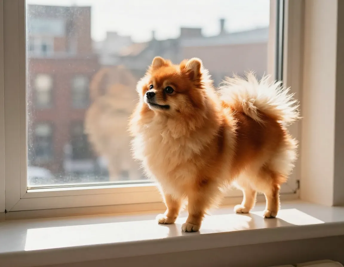 Fluffy pomeranian sunbeam on apartment windowsill