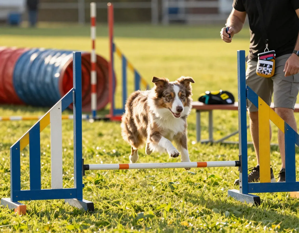 Mini aussie jumping agility hurdle training field golden hour