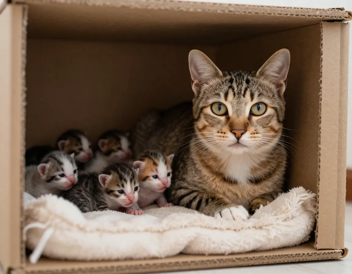 Protective mother cat guarding her litter in a quiet nesting box