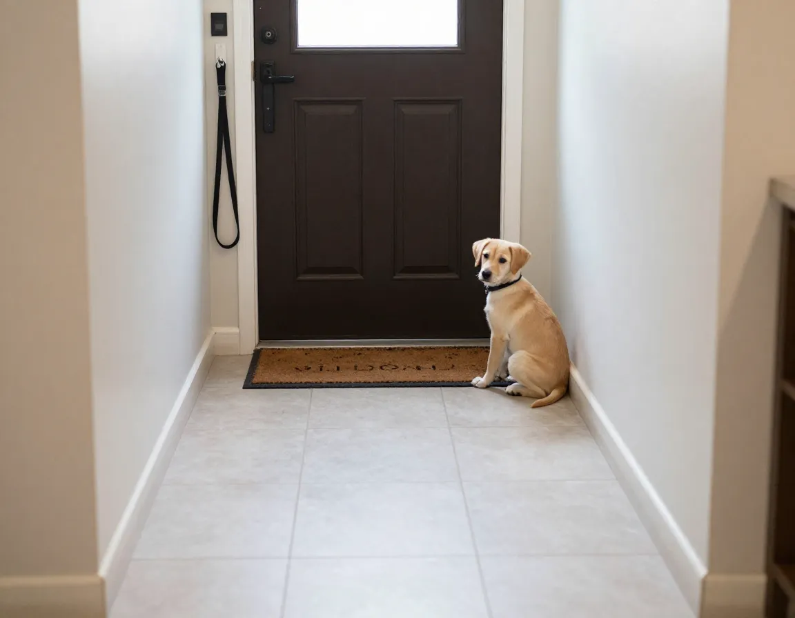 Small dog waiting by same designated back door for consistent potty training location