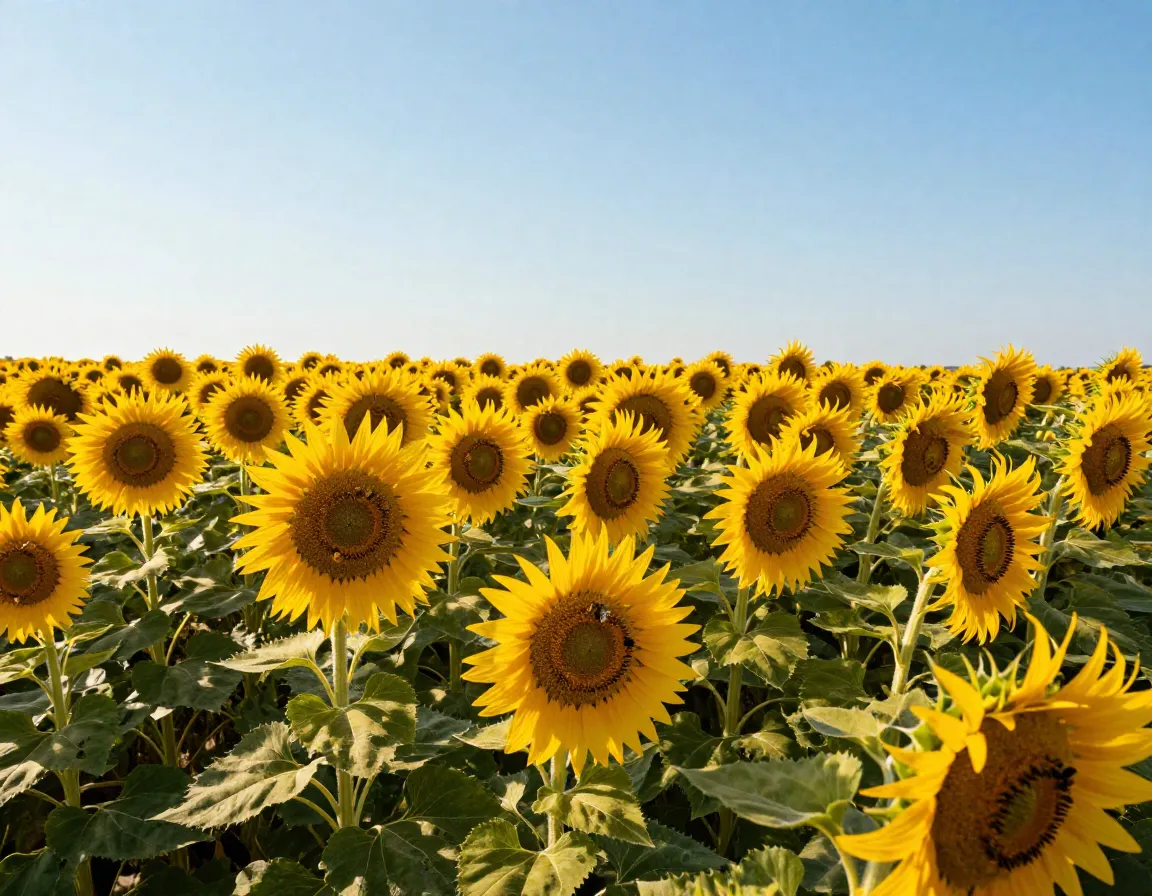 Towering cheerful sunflower field swaying in summer breeze