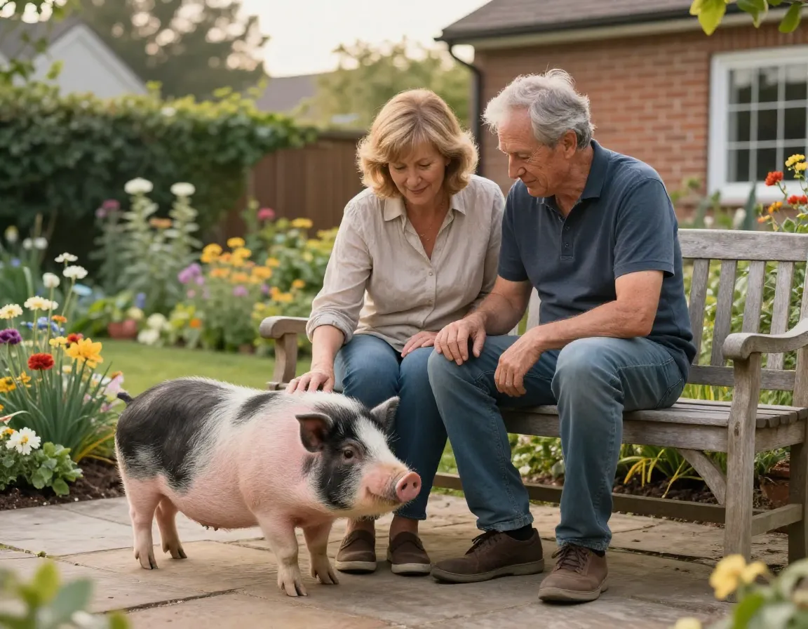 Owner with senior pig in garden after many years