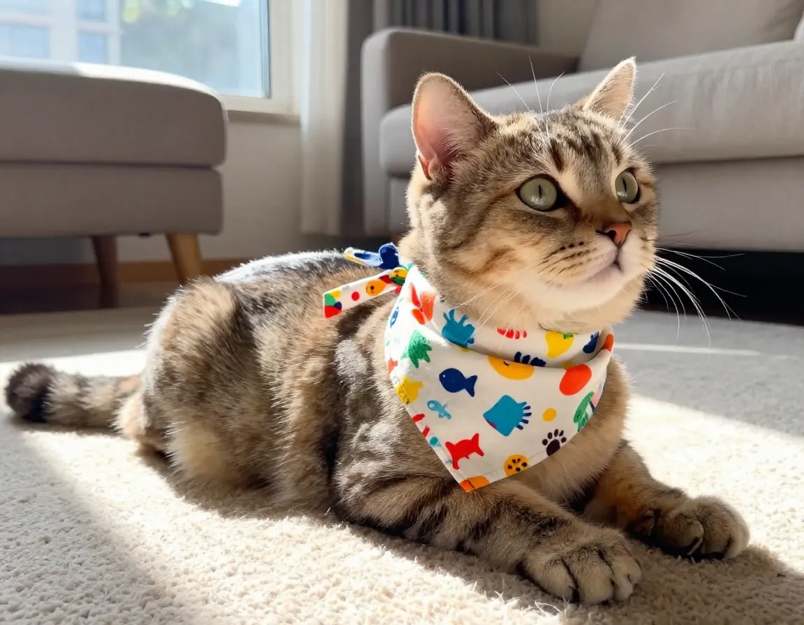 Cat wearing patterned bandana in sunny home setting