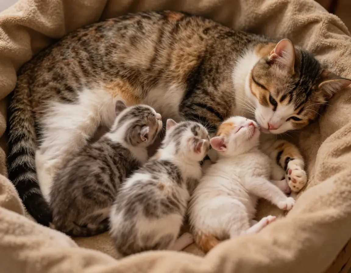 Mother cat nursing her litter of kittens in a warm nest