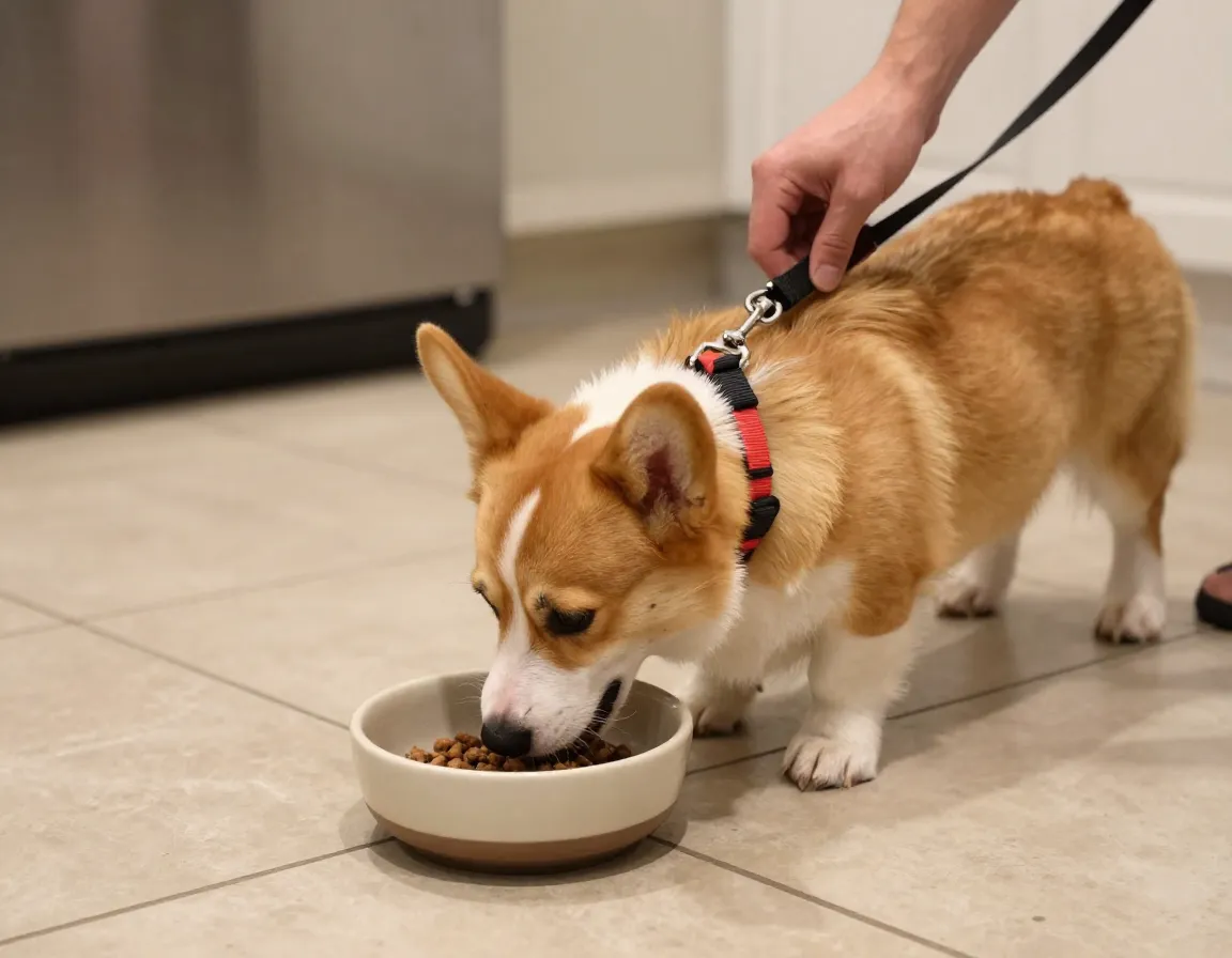 Puppy eating meal from bowl indoors before going outside for predictable potty break