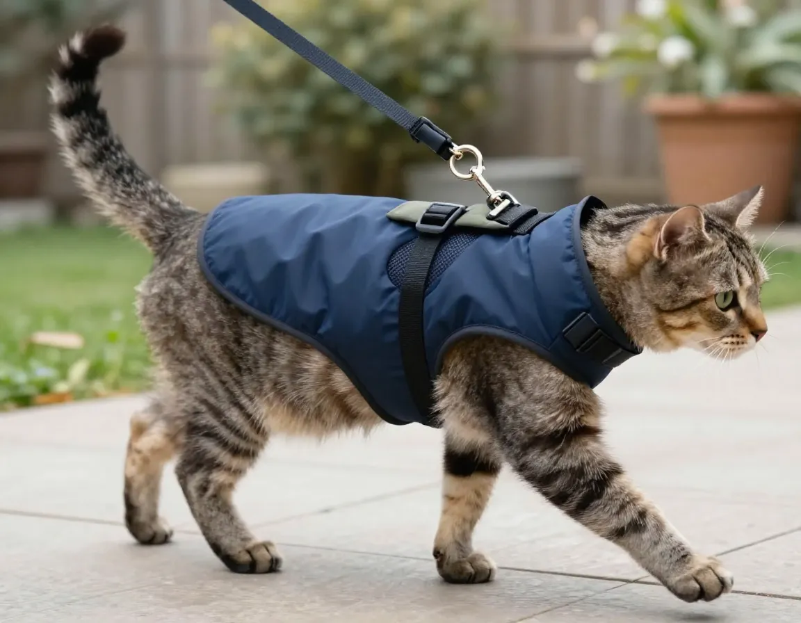 Cat in fashion vest harness on outdoor patio