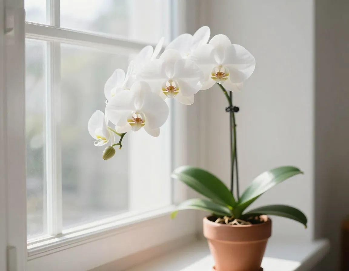 Elegant white orchid phalaenopsis in bright indirect indoor light