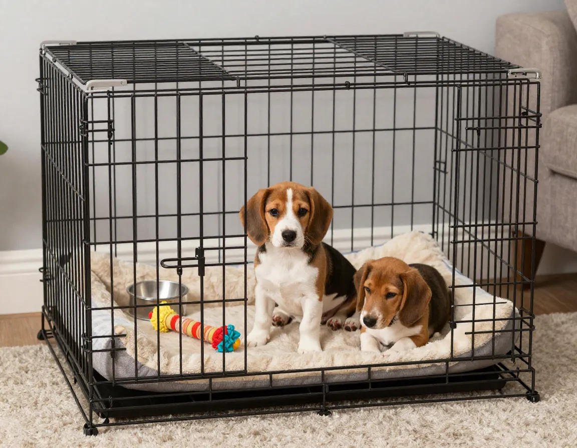 Puppy in appropriately sized crate with bedding and toy for strategic training
