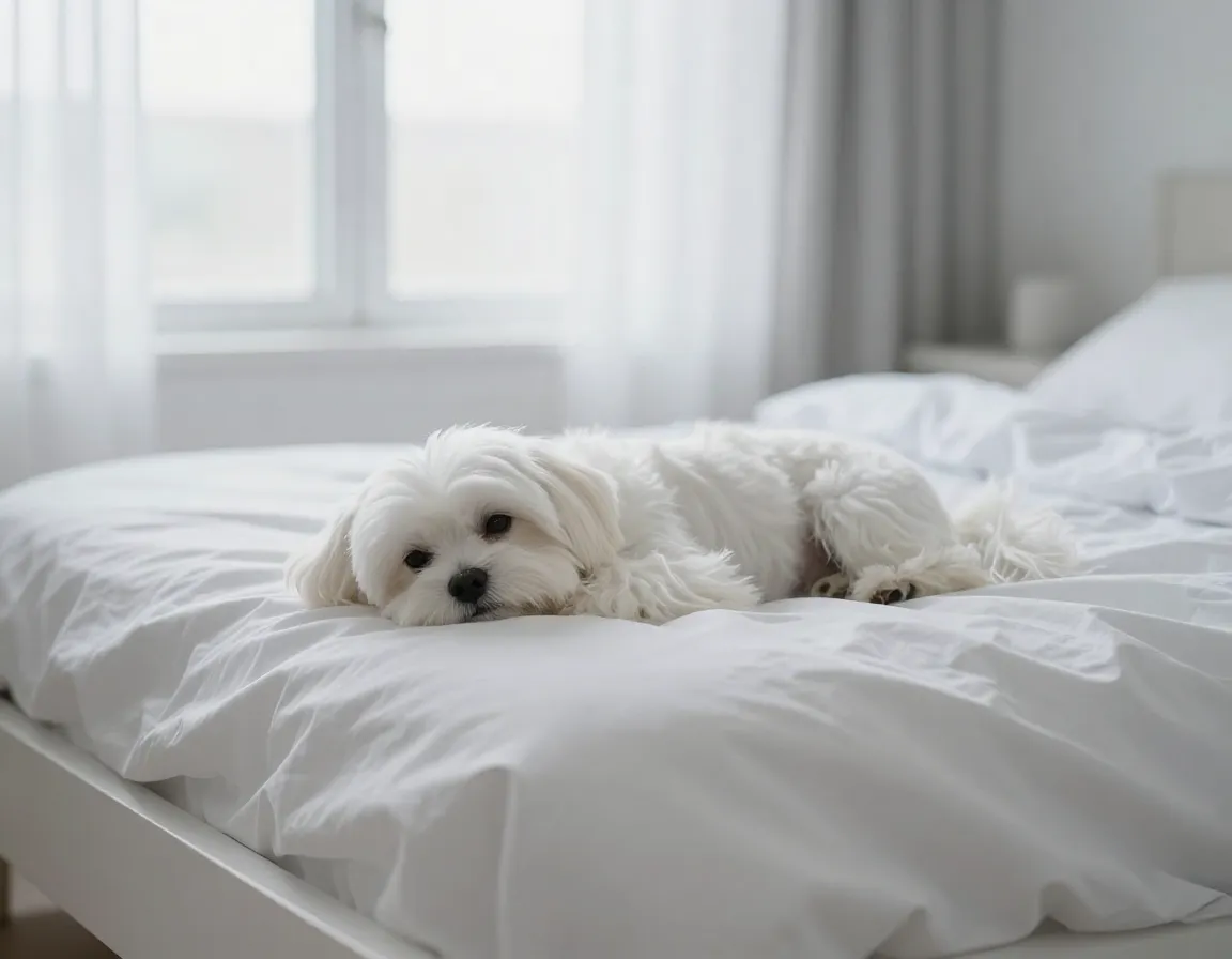 Serene maltese on plush white bed in calm bedroom