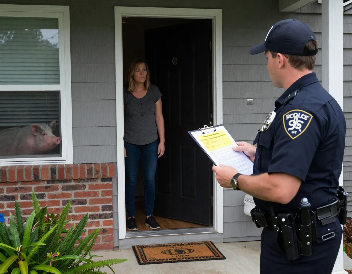 Animal control officer serving violation notice at door
