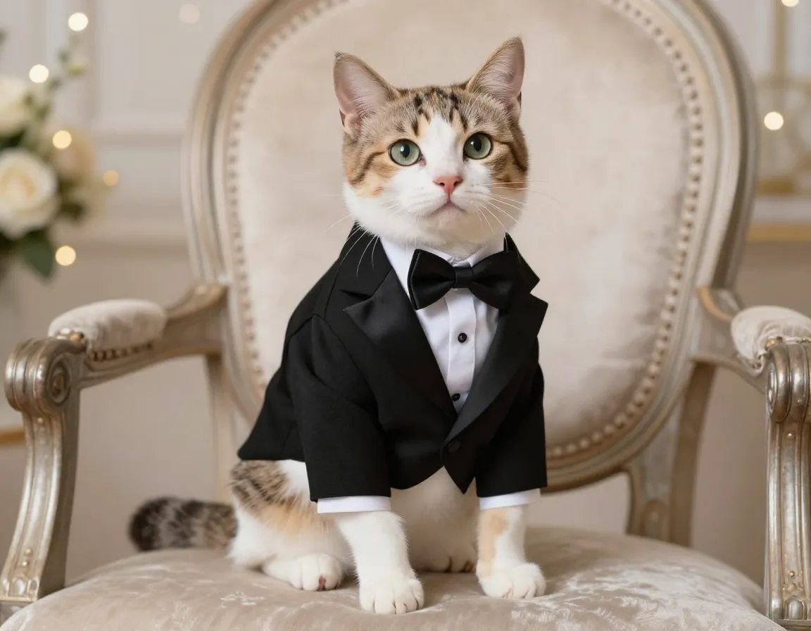 Formal tuxedo outfit on cat at wedding celebration